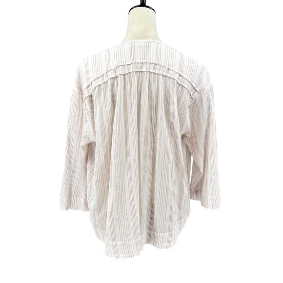 Vince Variegated Stripe Crinkle Breathable Cotton Tassel V-neck Wide Sleeve Top - Picture 4 of 13